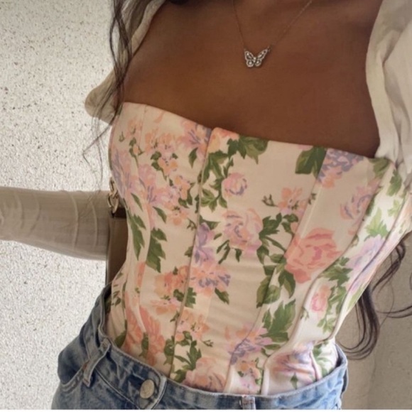 Zara Floral Strapless Top - Pink and Green - Picture 4 of 10